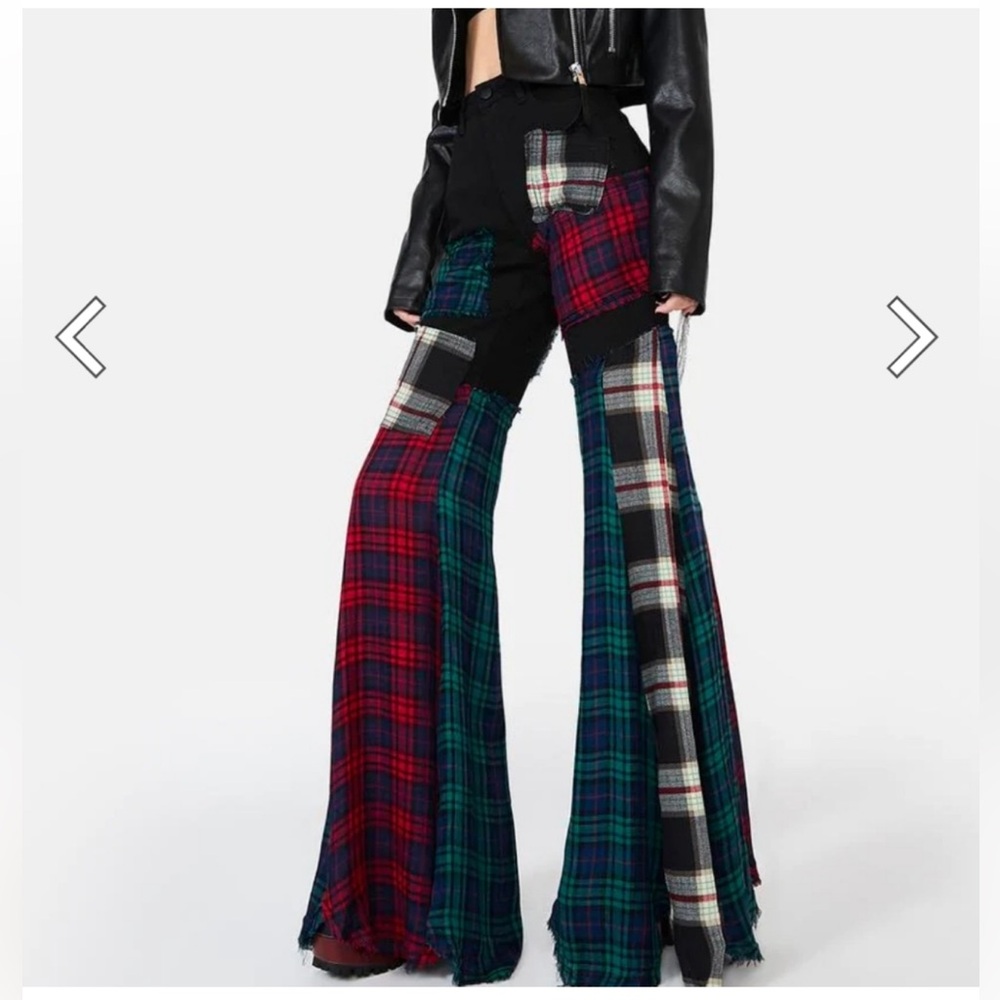 Dolls Kill Current Mood Black and Plaid Patchwork Flare Pants Bell Bottoms